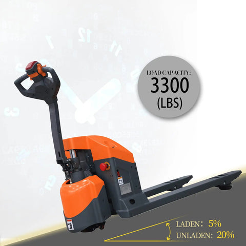 Heavy Duty Tory 3300 Lb Full Electric Pallet Jack with textured handle and 3300 lb load capacity for warehouse use.