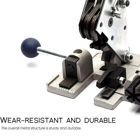Close-up of Hella Secure Manual Strapping Tool For Sealing Boxes And Cartons, showing durable metal structure and lever for operation.