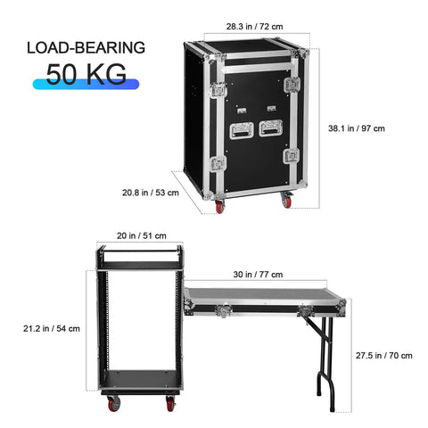 Slick Extra Heavy Duty 16U Rolling Rack Case With Six Smooth Casters And Two Folding Side Tables Great For DJ Mixers Studio Controllers Amplifiers Pro Gear Hauler