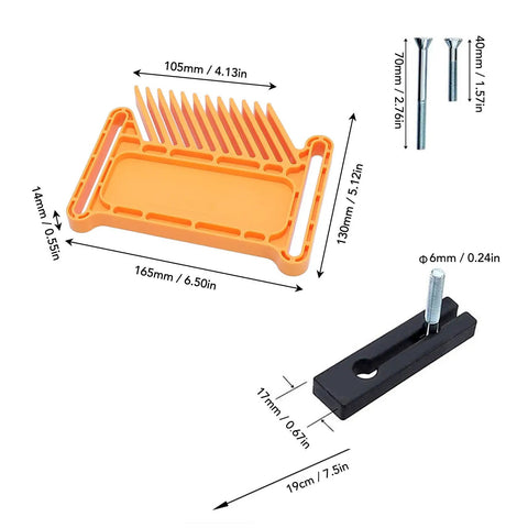 Kickback Crusher Featherboard For Table Saw With Heavy Duty Abs Nylon Build and No Sweat Setup Brackets, featuring detailed dimensions and colors.