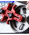 Professional Nine Piece Universal Dual Camshaft Locking Kit with red alignment tool securing timing sprocket during repair.