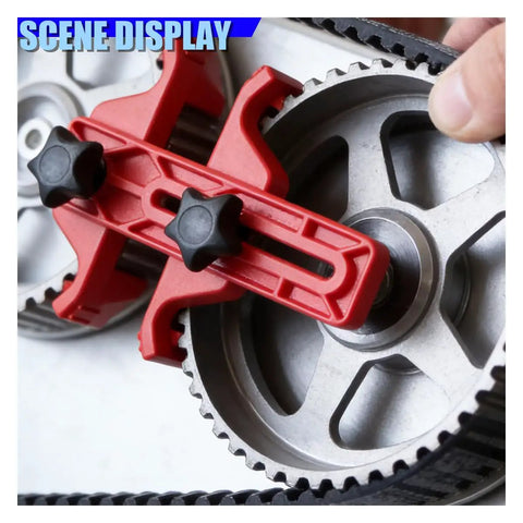 Professional Nine Piece Universal Dual Camshaft Locking Kit with red alignment tool securing timing sprocket during repair.