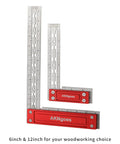 Heavy Steel 6 Inch Precision Woodworking Square With Built In Scribing Notches For Dead On Layouts No Sweat Marking And Fast Calibrations Every Handyman Trusts, featuring stainless steel blade and aluminum handle.