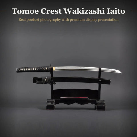 Wakizashi Iaito Unsharpened Aluminum Alloy Practice Sword For Iaido Training, 21 Inch Blade With Bo Hi on stand