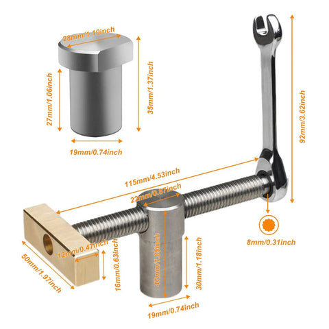 Heavy Duty 2 Pack Bench Dog Clamps With 4 Pack Woodworking Hold Downs Fits 19mm Holes Adjustable Workbench Stops dimensions and features image.