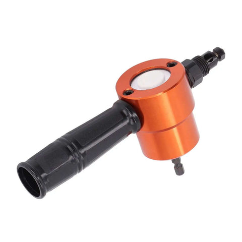 Dual Head Electric Nibbler Attachment For Metal Cutting, 360 Degree Rotating Cutter, shown in black and orange metal with drill attachment