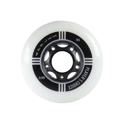 Close-up of a white indoor roller hockey wheel from the Indoor Roller Hockey Wheel Set 76 And 80 Durometer Hybrid Ceramic Bearings 78A Eight Pack