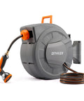 Retractable Garden Hose Reel With Wall Mount Half Inch By One Hundred Foot Hose Lock Any Length Slow Auto Rewind 180 Degree Swivel Bracket And Ten Pattern Nozzle For Easy Lawn Care