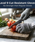 Level 9 Cut Resistant Kitchen Gloves With HPPE Food Grade Materials slicing tomatoes on a cutting board