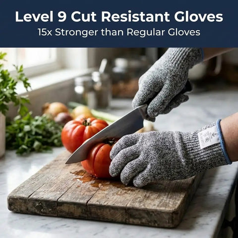 Level 9 Cut Resistant Kitchen Gloves With HPPE Food Grade Materials slicing tomatoes on a cutting board
