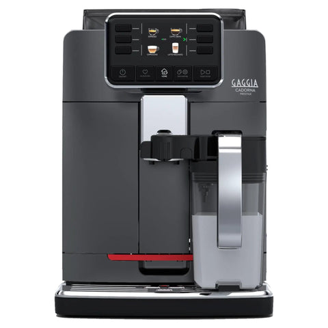 Top Shelf Super Automatic Espresso Machine Crafting One Touch Cappuccino Latte Macchiato Ristretto And Flat White For Your Kitchen Game Changing Setup In Anthracite with control panel and milk container.
