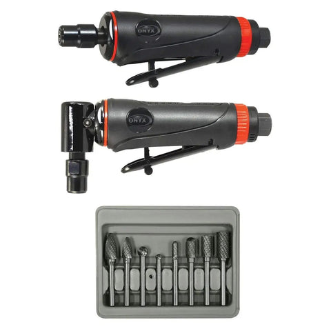 ONYX 219 3 Piece Die Grinder Kit With 90 Degree Angle Die Grinder And Mini Die Grinder Plus 8 Piece Double Cut Carbide Rotary Burr Set