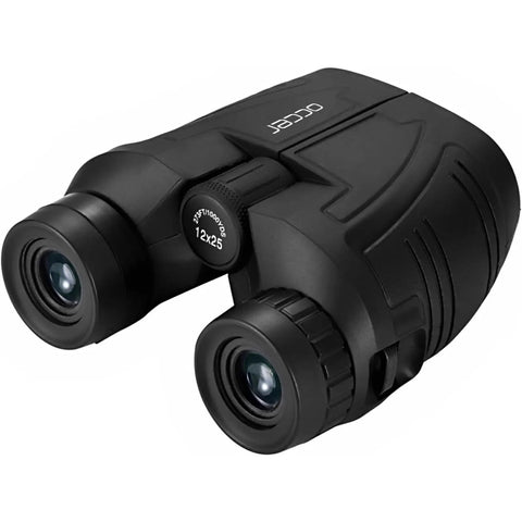12x25 Compact Binoculars For Adults And Kids With Large Eyepieces, Waterproof All Weather, shown in black angled view