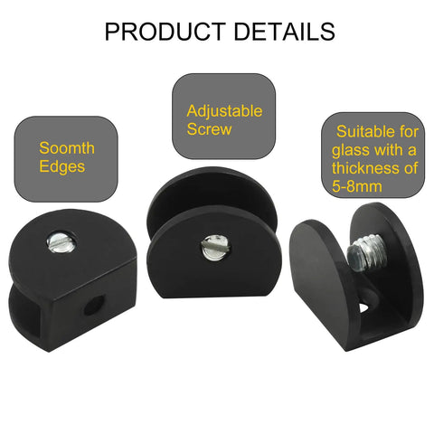Rock Solid Black Glass Shelf Brackets 8 Pack With Mounting Screws Heavy Duty Wall Clamps for 5-8mm tempered glass with adjustable screws.