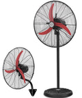 75cm Electric Floor Fan With Slick 3 Speed Settings And Smooth Tilt Adjustment Delivers Badass Airflow, black with red blades.
