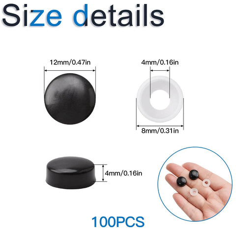 Image showing 100 Dome Screw Covers Black, M4 Mirror and Glass Fastener Caps, 12mm (0.47in) Diameter x 4mm (0.16in) Thickness with measurements.