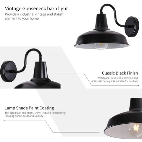 Gooseneck Barn Light Outdoor Wall Mount Fixture in Black Exterior with White Interior for Industrial Farmhouse Porch Garage