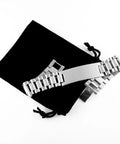 Hand Engraved Stainless Steel Ladder Bracelet For Ride Or Die Roofer Appreciation And Squad Level Crew Bonding Featuring Premium Metal Durability Made To Last Forever on a black pouch.