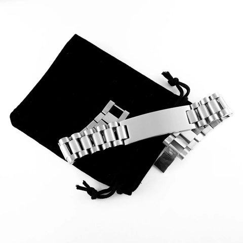 Hand Engraved Stainless Steel Ladder Bracelet For Ride Or Die Roofer Appreciation And Squad Level Crew Bonding Featuring Premium Metal Durability Made To Last Forever on a black pouch.