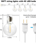 96 Ft string lights with 48 LED bulbs, close-up of G40 bulb, socket, and end-to-end connection plugs for 9 strands.