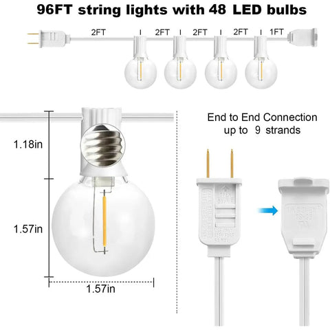 96 Ft string lights with 48 LED bulbs, close-up of G40 bulb, socket, and end-to-end connection plugs for 9 strands.