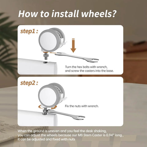 Installation guide for Lockable Stem Caster Wheels Set Of 4, 2.5 Inch White Swivel Casters With M8 Metric Threads, wrench fixing steps