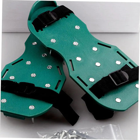 No Fuss Setup 16 Pcs Lawn Aerator Shoes Straps With Grass Spike Attachments shown with green base and straps
