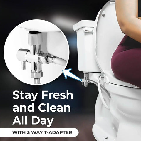 Leak Stop Brass 3 Way T Adapter For Bidet With On Off Valve Cross Threading Resistant shown on toilet installation