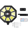 Solar Flood Light 168LED Motion Sensor IP66(168LED) with remote, mounting bracket, screws, and LED bulbs in black design.