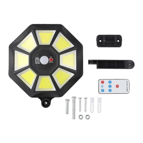 Solar Flood Light 168LED Motion Sensor IP66(168LED) with remote, mounting bracket, screws, and LED bulbs in black design.