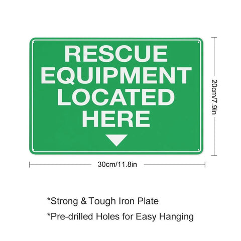 Green sign 'Rescue Equipment Located Here' with white text and arrow, 30cm x 20cm dimensions, steel material with pre-drilled holes.