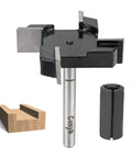 Pro Grade 4 Flute CNC Spoilboard Surfacing Router Bit With 1 Quarter Inch Shank And 2 Inch Cutting Diameter Anti Kickback Design 89 HRC YG8 Tipped Includes Router Collet For Precision Woodworking, shown with cut sample and collet