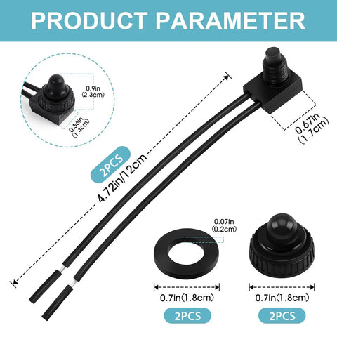 Dimensions of Waterproof 12V Push Button Switch On Off SPST With 4.5 Inch Leads for Motorcycle Car Boat, showing leads and gaskets.