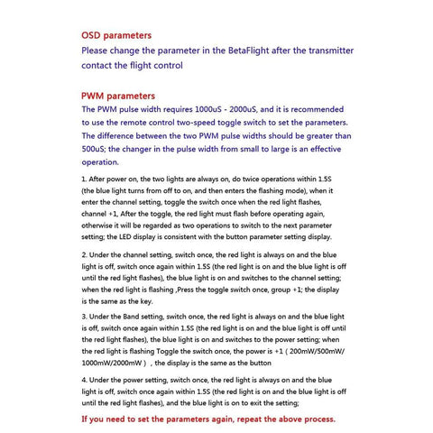 Instruction manual for Over 20Km Range 5.8GHz FPV Wireless Transmitter 2000mW 48CH, detailing OSD and PWM parameters.