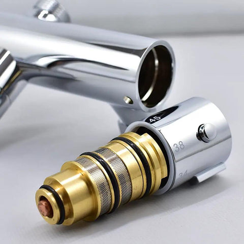 Close-up of Heavy Duty Solid Brass Thermostatic Mixing Valve For Concealed Wall Piping showcasing brass and chrome details.