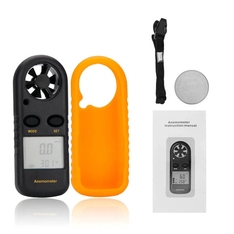 Handheld Anemometer Wind Meter With Temperature Readout, lightweight black digital wind gauge with orange case and lanyard