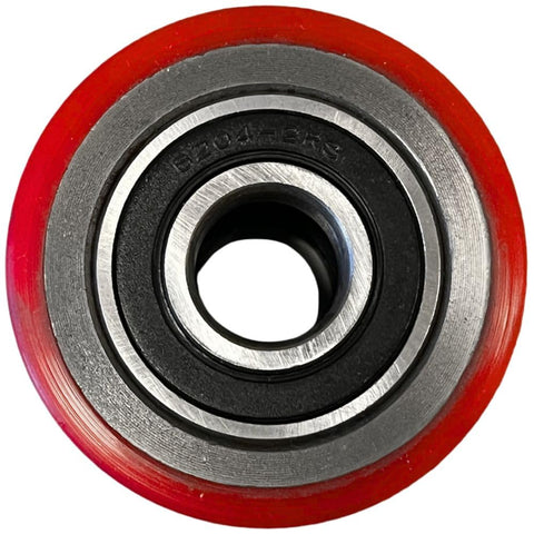 Close-up of Beefy Poly Load Pallet Jack Wheels With Bearings, 2.75 Inch Diameter By 3.75 Inch Wide, with 6204 bearings visible.