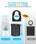 Comparison of upgraded 15-inch portable toilet with standard toilet highlighting 12-inch seat height for camping and road trips.