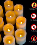 Flameless Battery Operated Pillar Candles Set Of 12 Real Wax Pillars With Dancing LED Flames 3 Inch By 4 Inch Ivory with safety icons