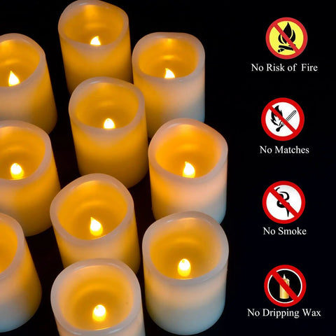 Flameless Battery Operated Pillar Candles Set Of 12 Real Wax Pillars With Dancing LED Flames 3 Inch By 4 Inch Ivory with safety icons