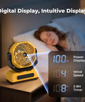 30,000mAh Portable Camping Fan With RGB Lantern Rechargeable Battery on bedside table showing digital display indicators
