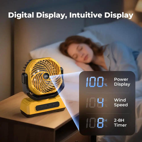 30,000mAh Portable Camping Fan With RGB Lantern Rechargeable Battery on bedside table showing digital display indicators
