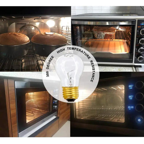 Four ovens with various dishes baking and a central image of 120V A15 40W clear appliance light bulb for refrigerators and ovens.