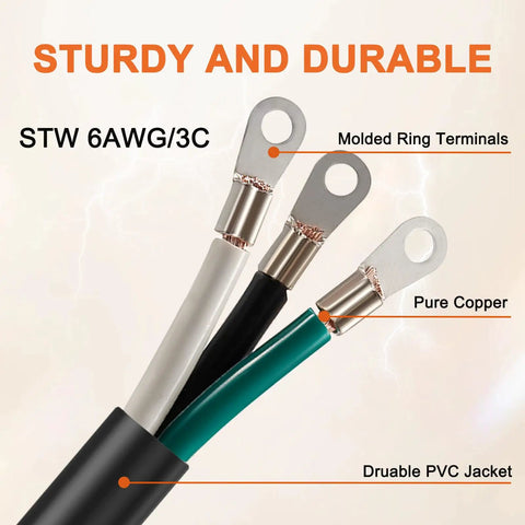 Heavy Duty 4 Foot Nema 6 50P Pigtail Power Cord Built Tough Hardwire Cable Featuring 6Awg 3C Copper Wiring showing molded terminals.