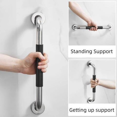 Rock Solid Stainless Steel Shower Grab Bars Two Pack With Thick Silicone Anti Slip Sleeve That Cradles Your Hand For Totally Secure Bathroom Safety Rails And Zero Sweat Grip, hand gripping bar.