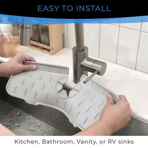 Person installing 2 Pack Silicone Faucet Handle Drip Catcher Tray Mat For Kitchen And Bathroom Sinks Splash Guard Dish Soap Sponge Holder Easy Install Gray No Slip Drip Tray Keeps Counters Dry And Clean.