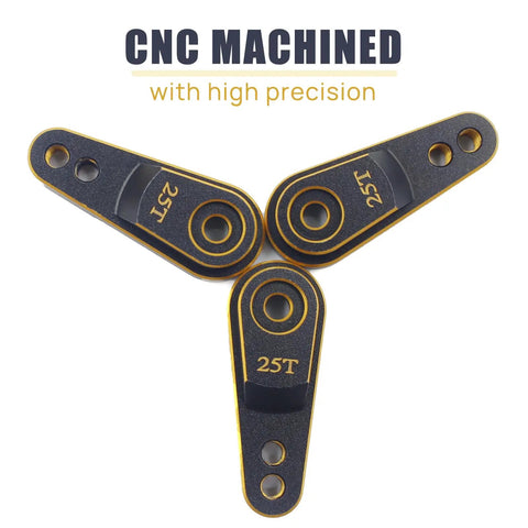 Three 25T CNC machined servo horns in black and gold for RC crawlers, use with Beefy Aluminum 25T Servo Horn Steering Arm Upgrade.