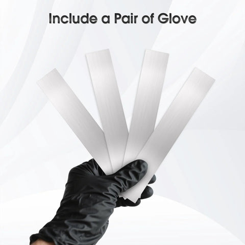 Leveling Shims Set For Precision Alignment In Machinery And Automotive With 30 Pcs Of 304 Stainless Steel Strips In Ten Thicknesses 0.0008 In 0.001 In 0.0016 In 0.0024 In 0.003 In 0.039 In 0.047 In 0.059 In 0.079 In 0.12 In Plus One Glove shown with glove holding strips