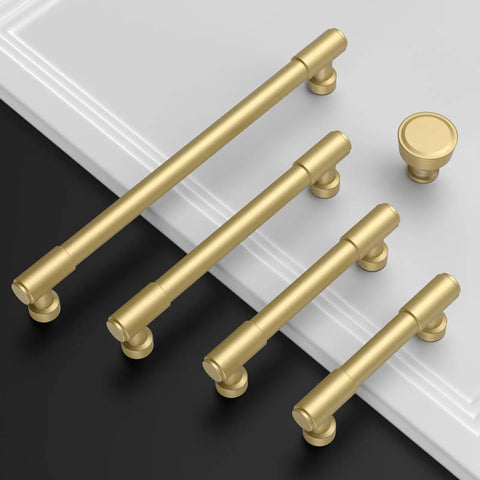 Top Shelf 10 Pack Brushed Gold Cabinet Pulls With 10 Inch Hole Center For Kitchen And Bathroom Slick Modern Drawer Handles Easy Install Heavy Duty Home Upgrade featuring various handle sizes and designs.