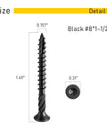 Top Shelf Deck Screws 150 Pack Size 8 X 1.5 Inch Torx Drive Structural Fasteners, black screw with detailed size dimensions.